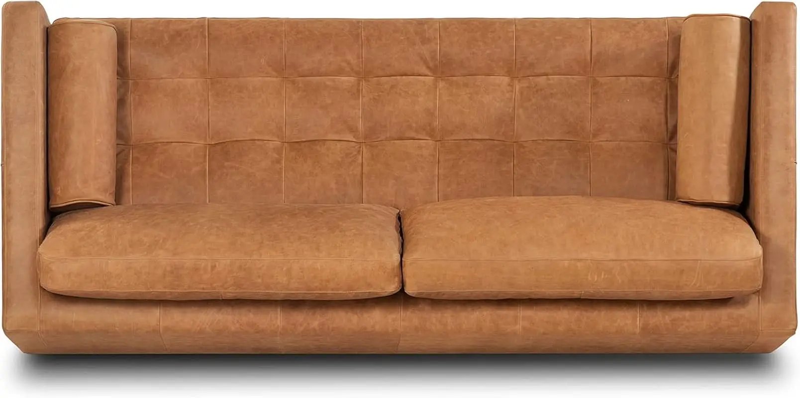 Cognac Tan Leather Mid Century Sofa With Bolsters In Stock from PriceLows™