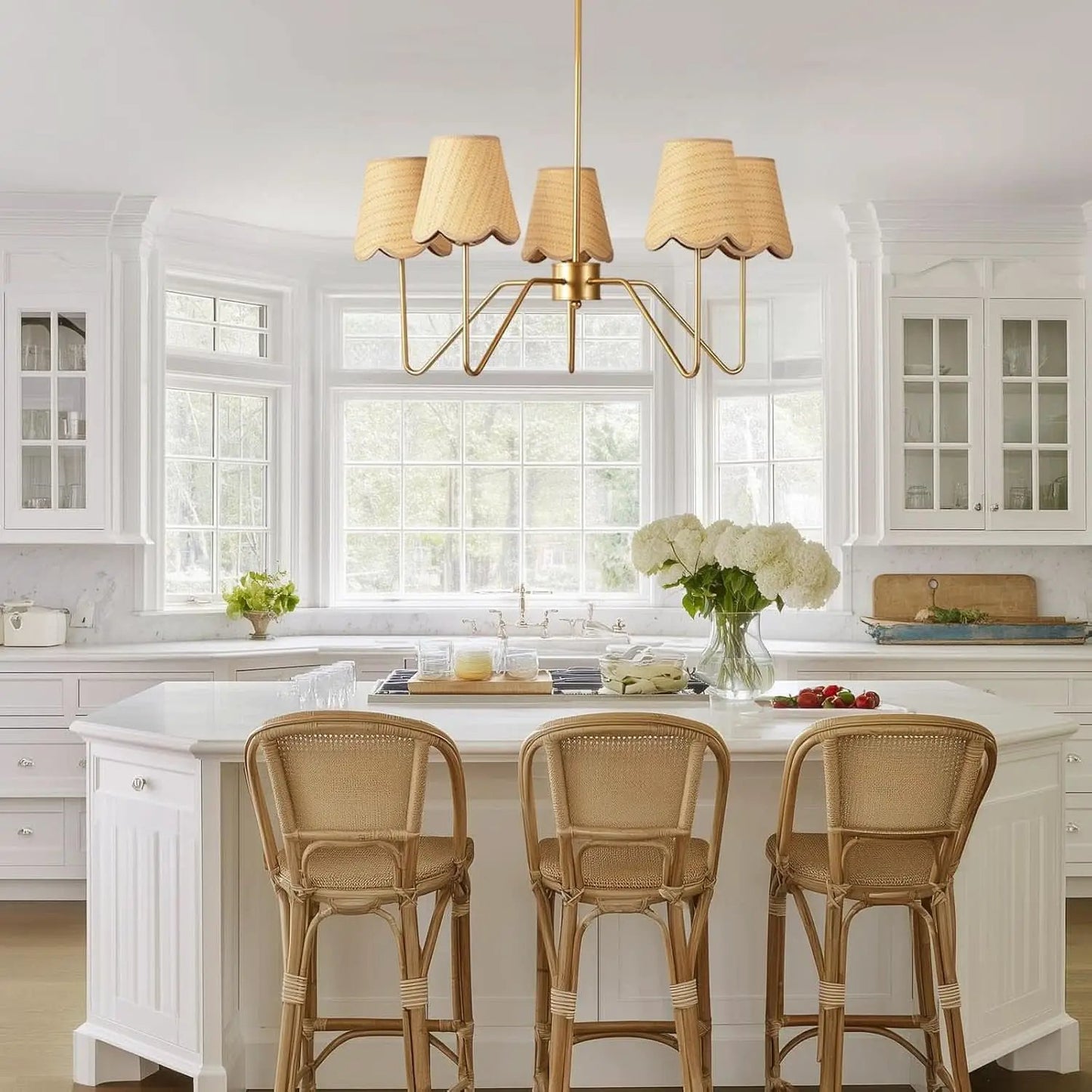 28 Inch Rattan Chandelier Antique Brass Five Light Pendant With Flower Shade Lamps from PriceLows™