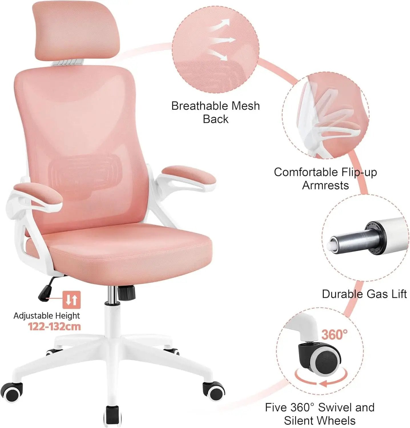 Ergonomic Office Chair High Back Mesh White Pink Lumbar from PriceLows™
