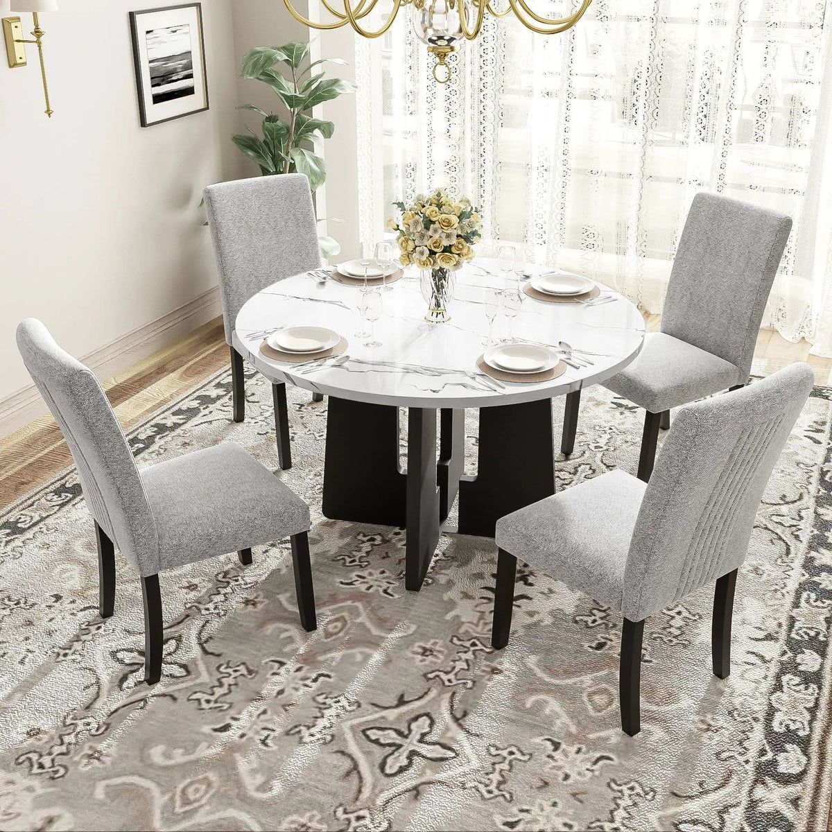5 Piece Round Dining Table Set, Dining Table And 4 Upholstered Chairs For Dining | 5-Piece Set | Marble & Linen | Gray