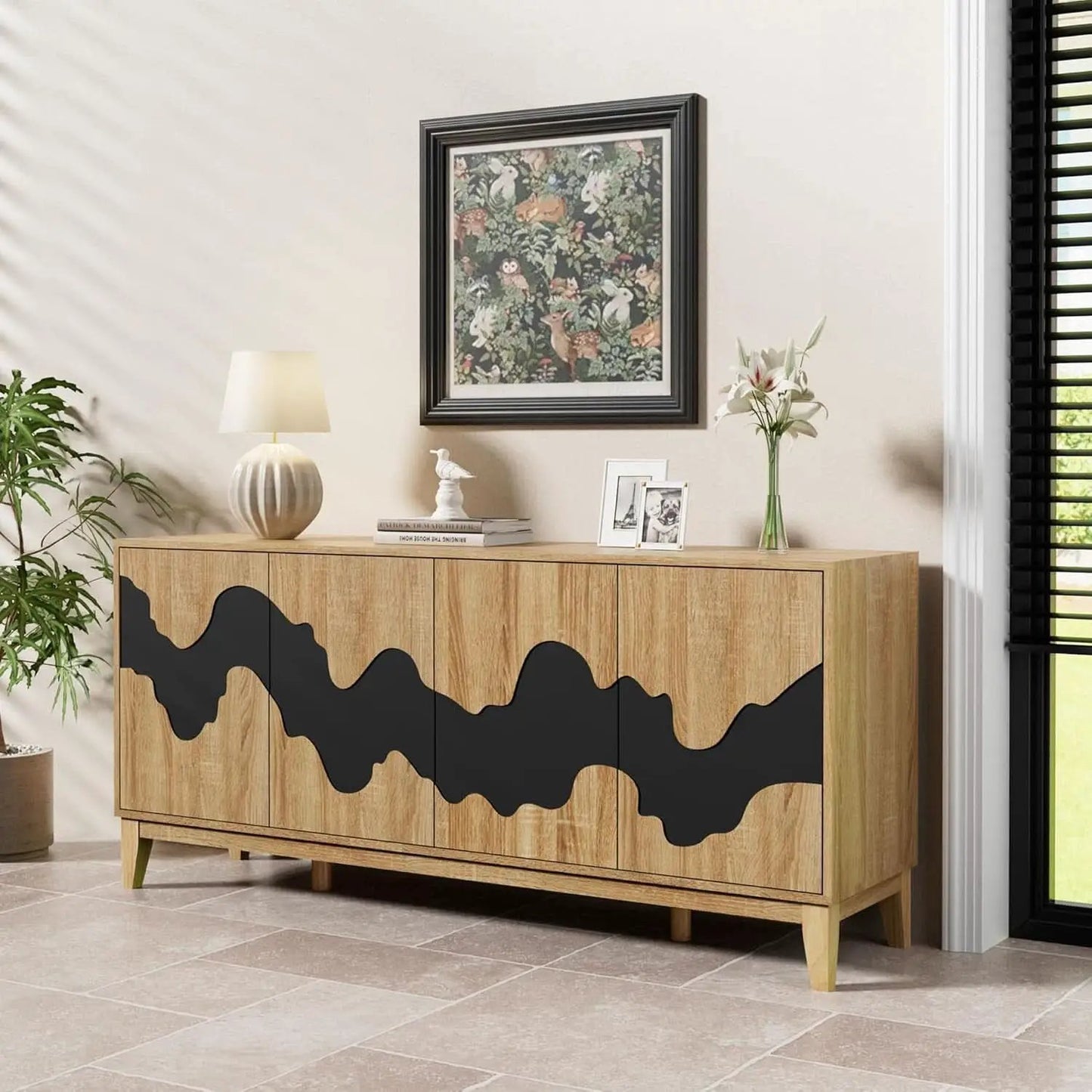 63 Inch Buffet Cabinet White With Blue Water Pattern from PriceLows™