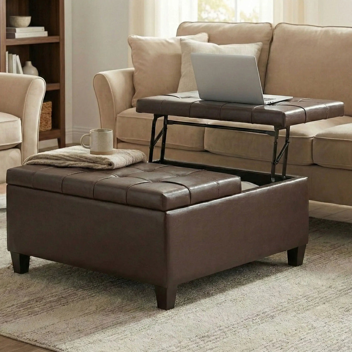 Coffee Table Storage Ottoman | Lift Top Hinge | Solid Wood Base | Large Square