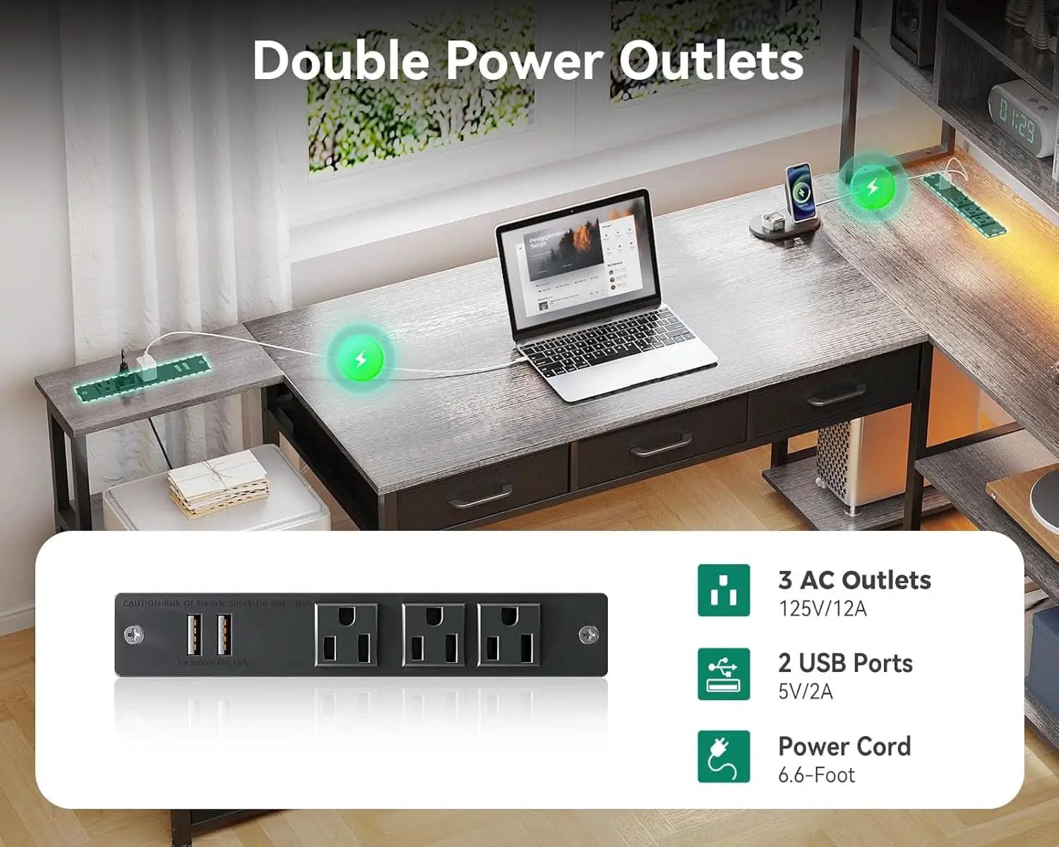 79 Inch L Shaped Desk With LED Lights Power Outlets from PriceLows™