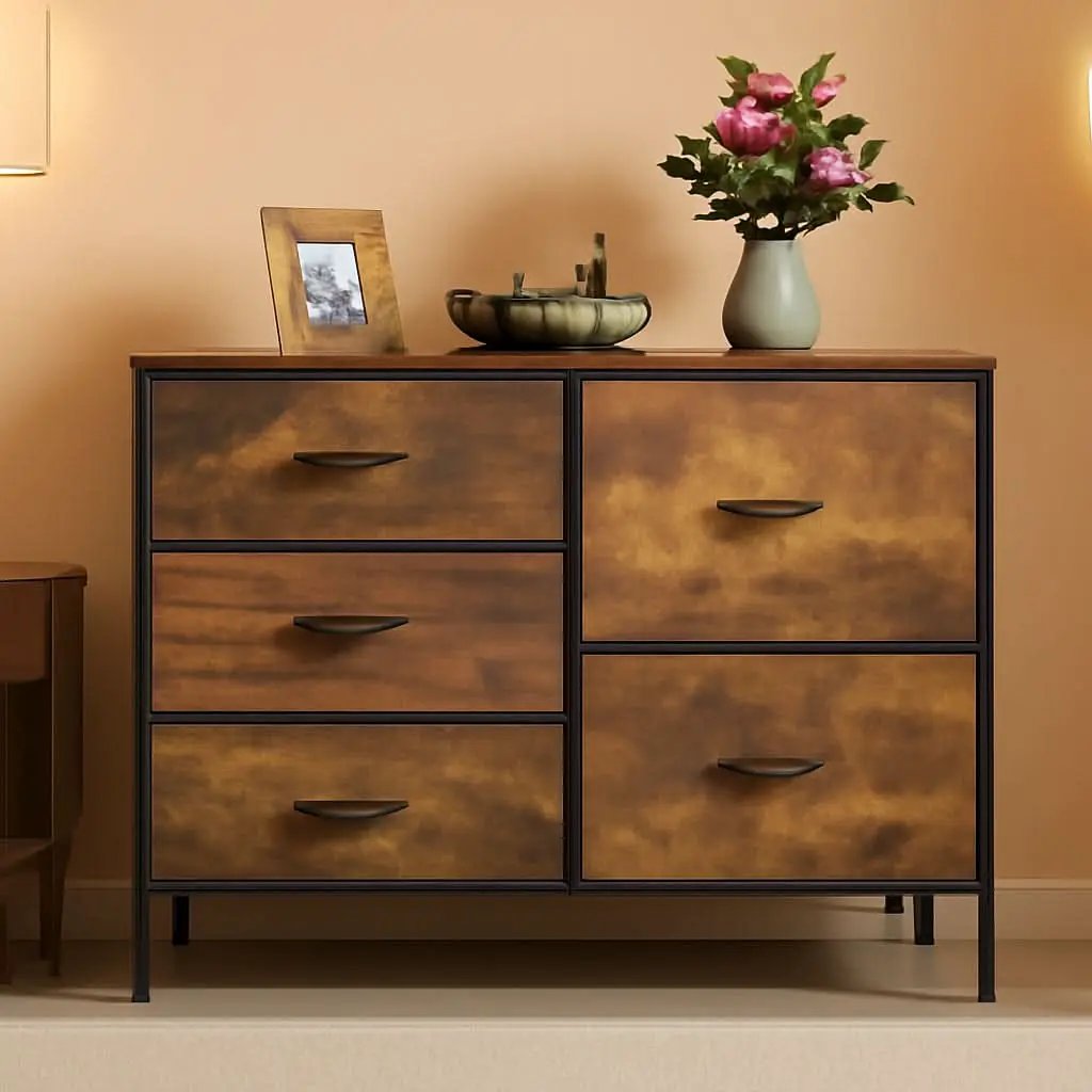 Rustic Brown Wood Grain 5 Drawer Dresser For Bedroom from PriceLows™