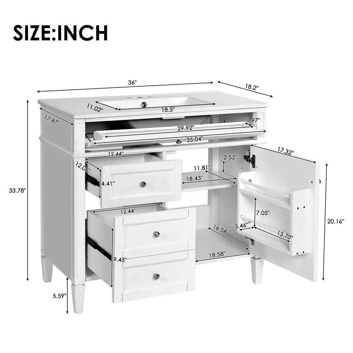36 Inch Bathroom Vanity With Top Sink | 3 Drawers | Metal Drawer Slides | Ceramic Sink