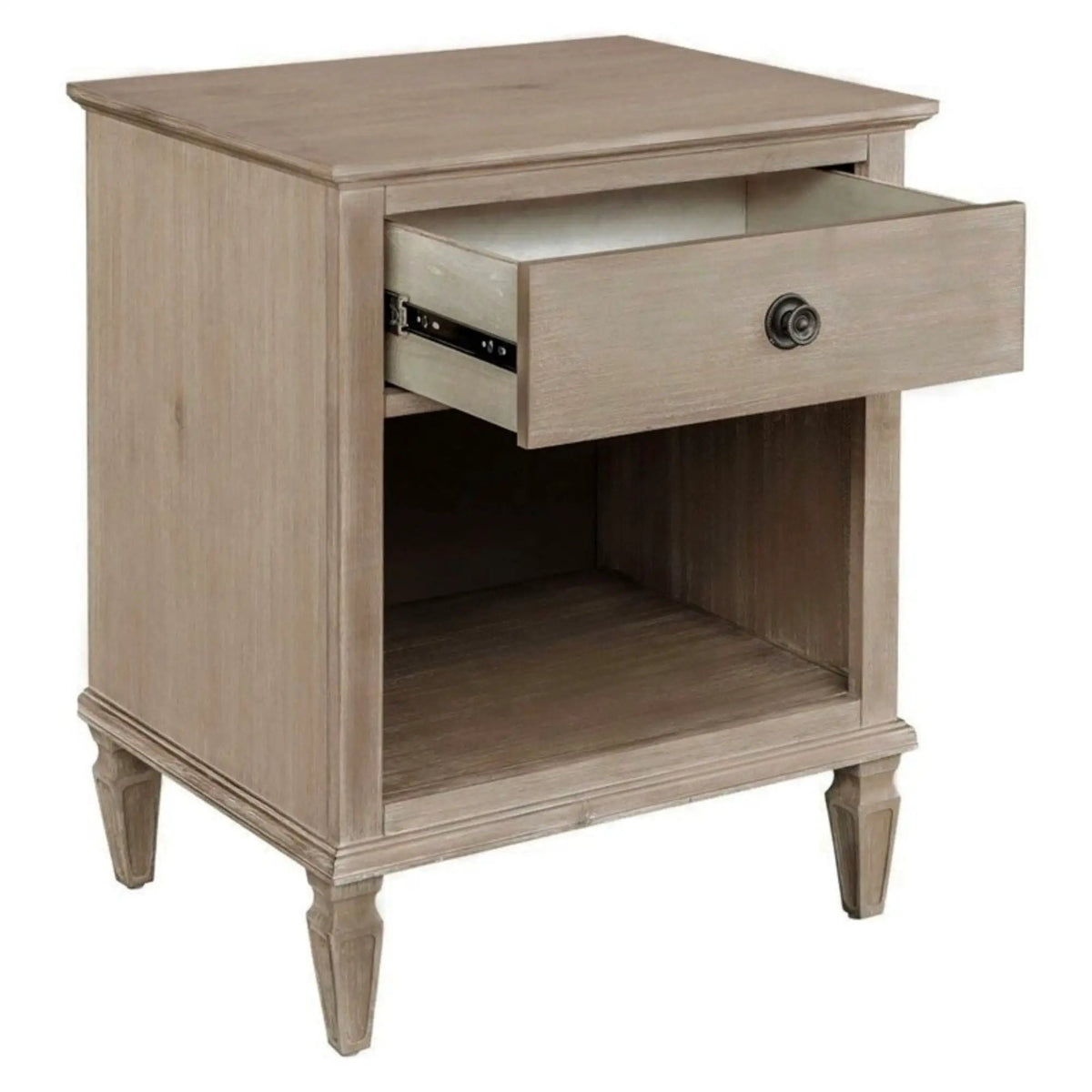 Victoria Nightstand | French-Inspired Design | Wire Brush Finish | 1 Drawer And Open Shelf