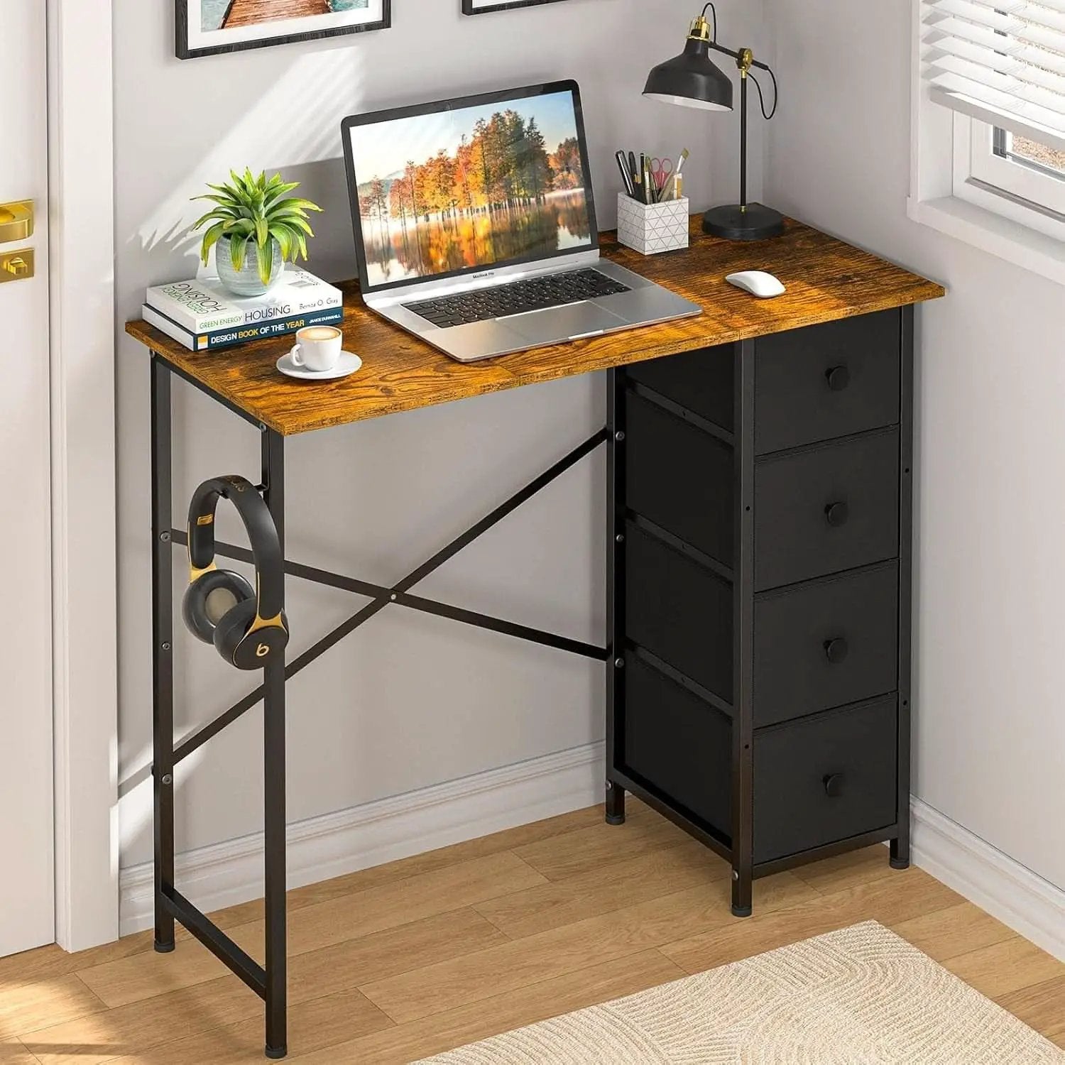 Rustic Brown Home Office Computer Desk With Fabric Drawers from PriceLows™