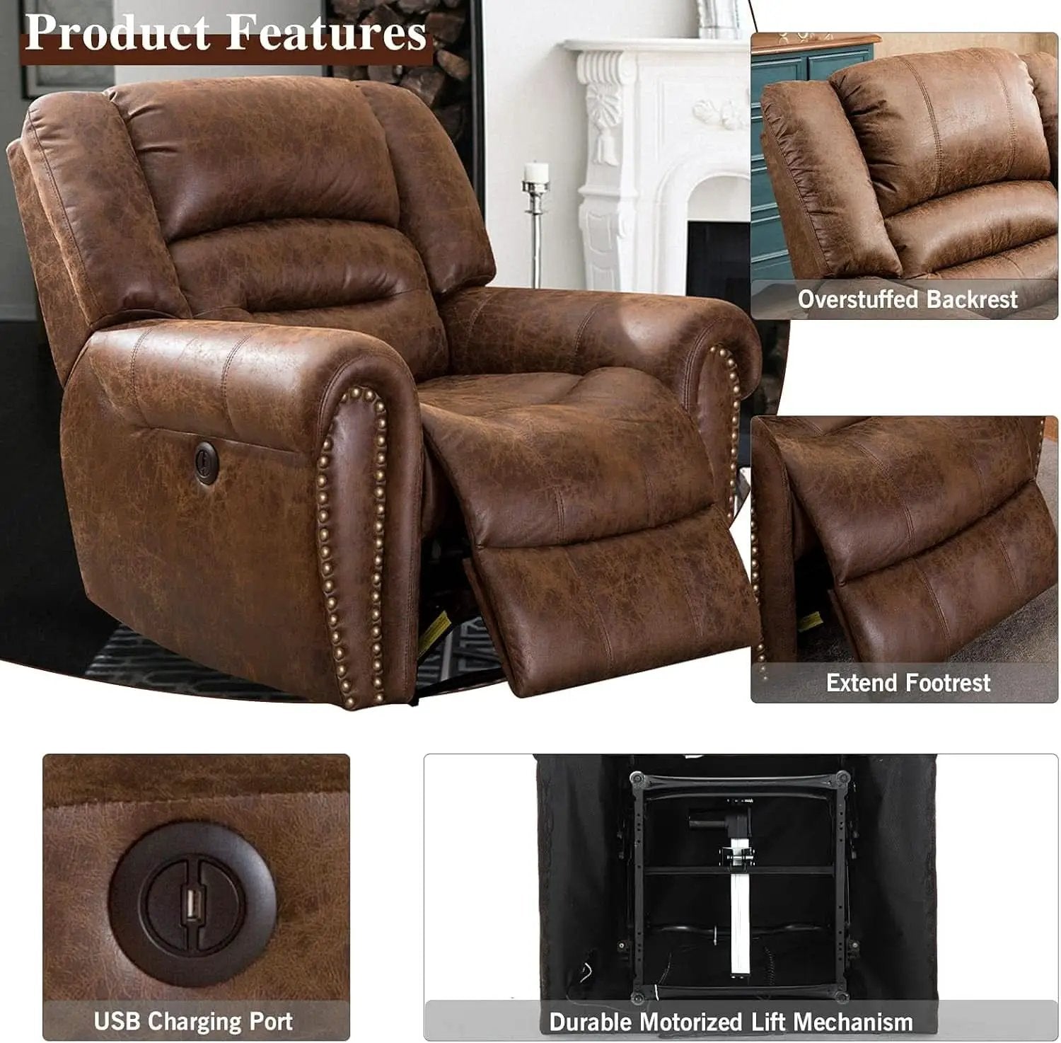 Electric Power Recliner Pair Nut Brown Leather With USB Port from PriceLows™