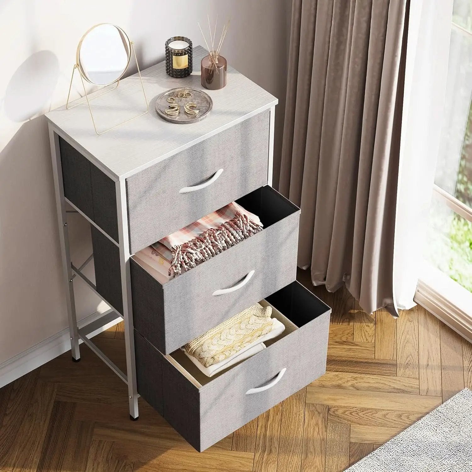 Light Grey Dresser With 3 Drawers For Bedroom Nightstand from PriceLows™