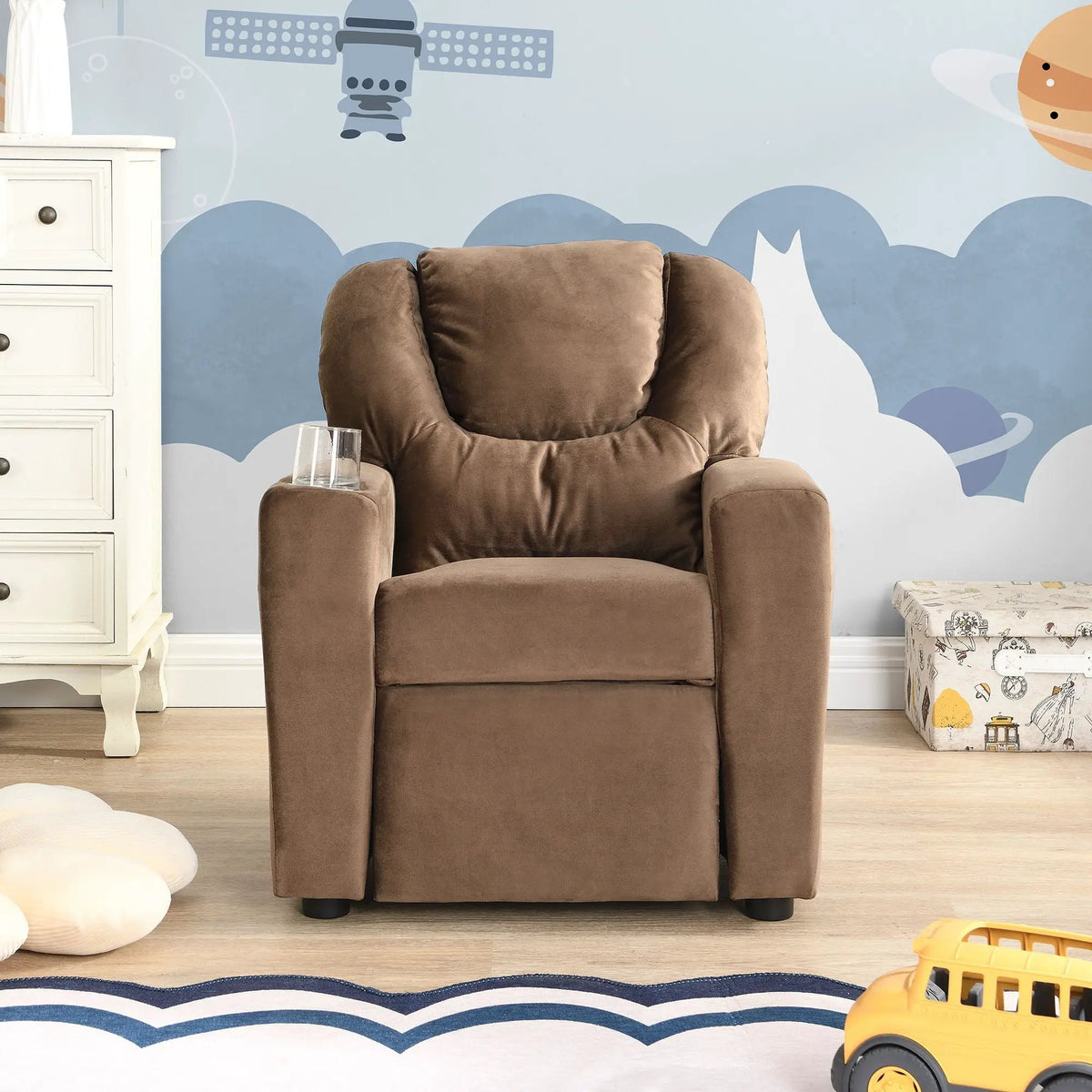 Kids Recliner Chair | Upholstered | Two Cup Holders | Black