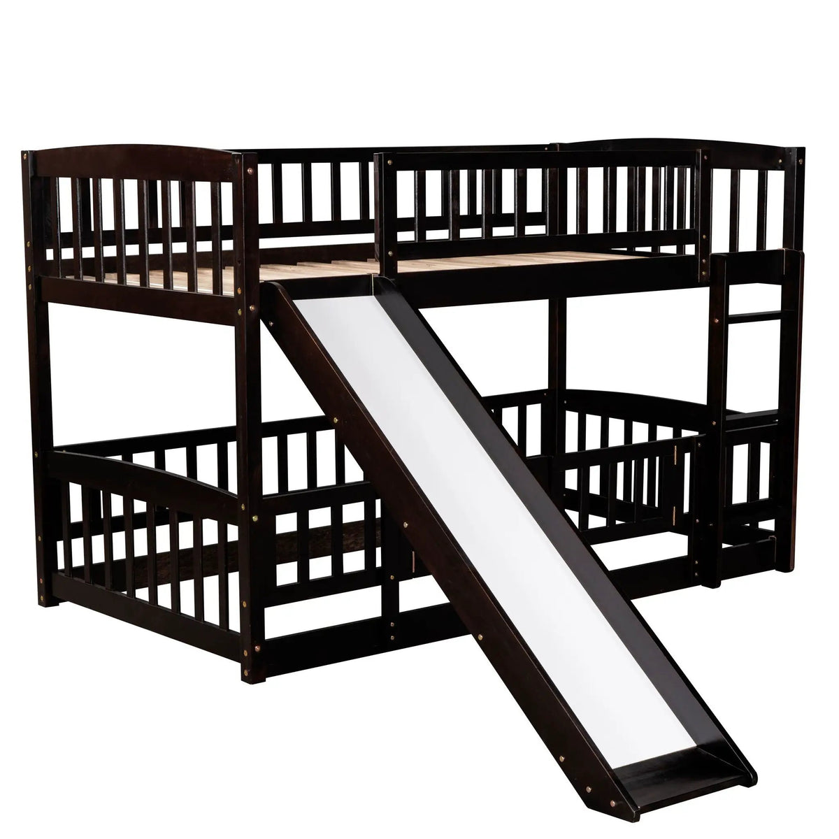 Low Bunk Bed With Slide | Fence And Ladder | Built-In Play Area | Kids Bedroom