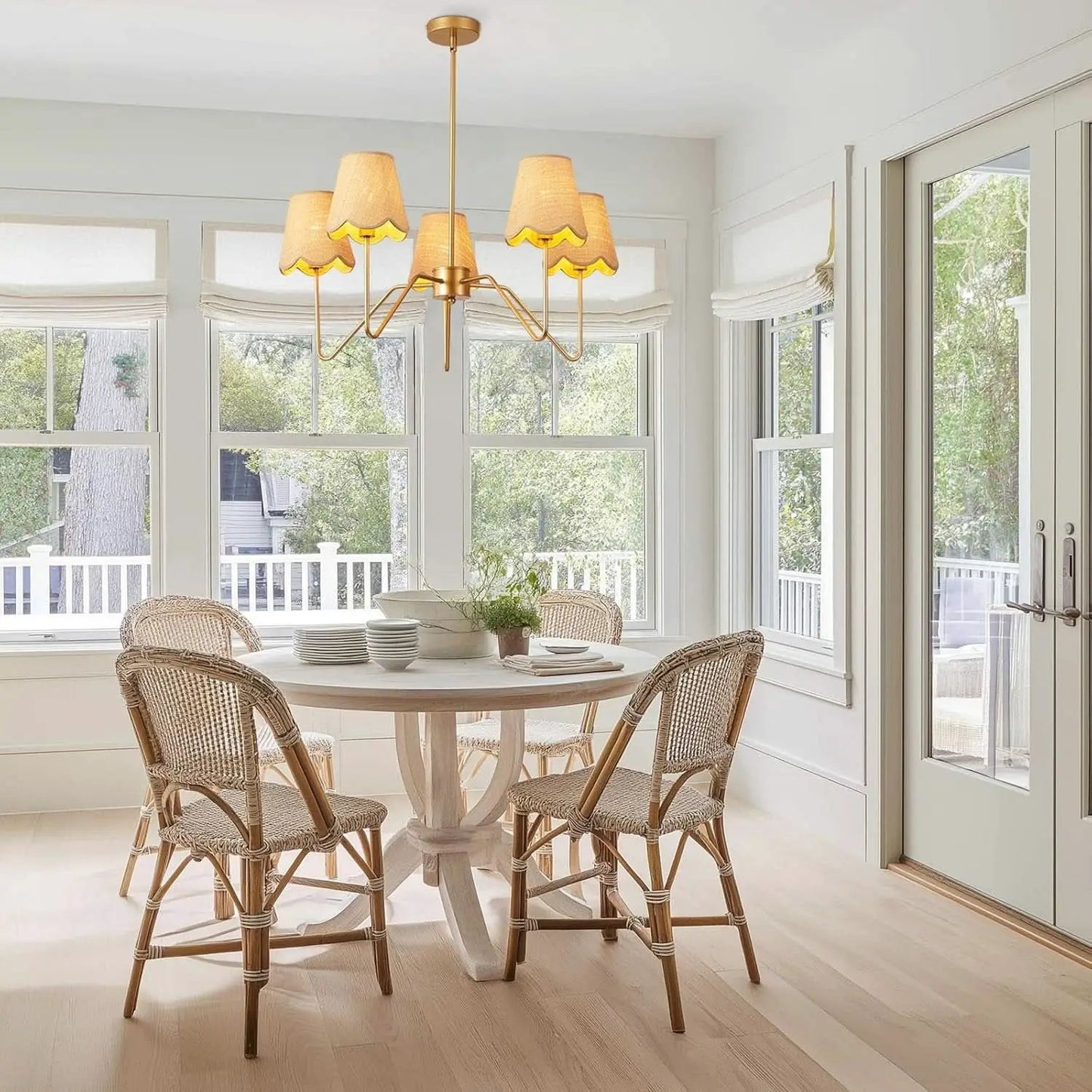 28 Inch Rattan Chandelier Antique Brass Five Light Pendant With Flower Shade Lamps from PriceLows™