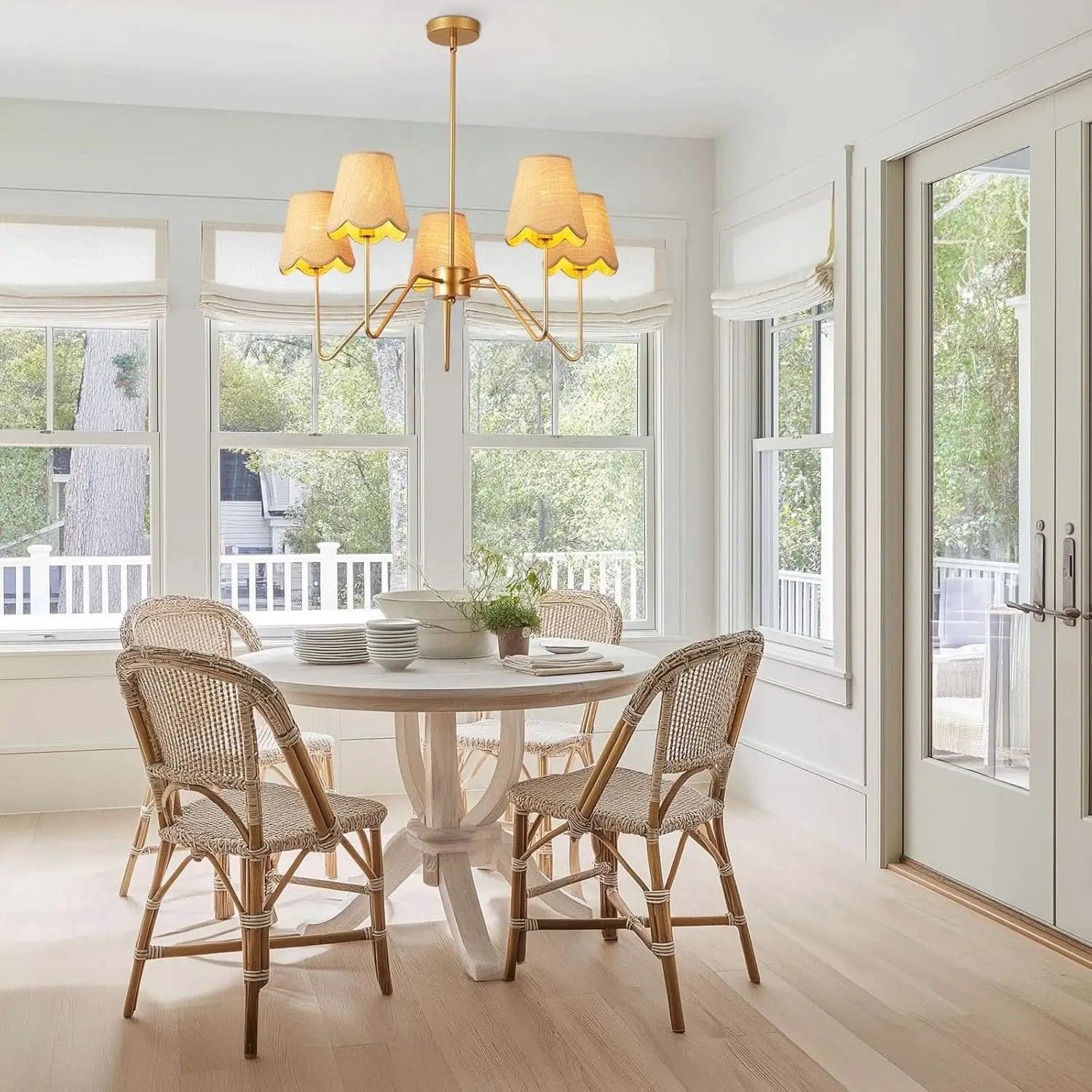28 Inch Rattan Chandelier Antique Brass Five Light Pendant With Flower Shade Lamps from PriceLows™