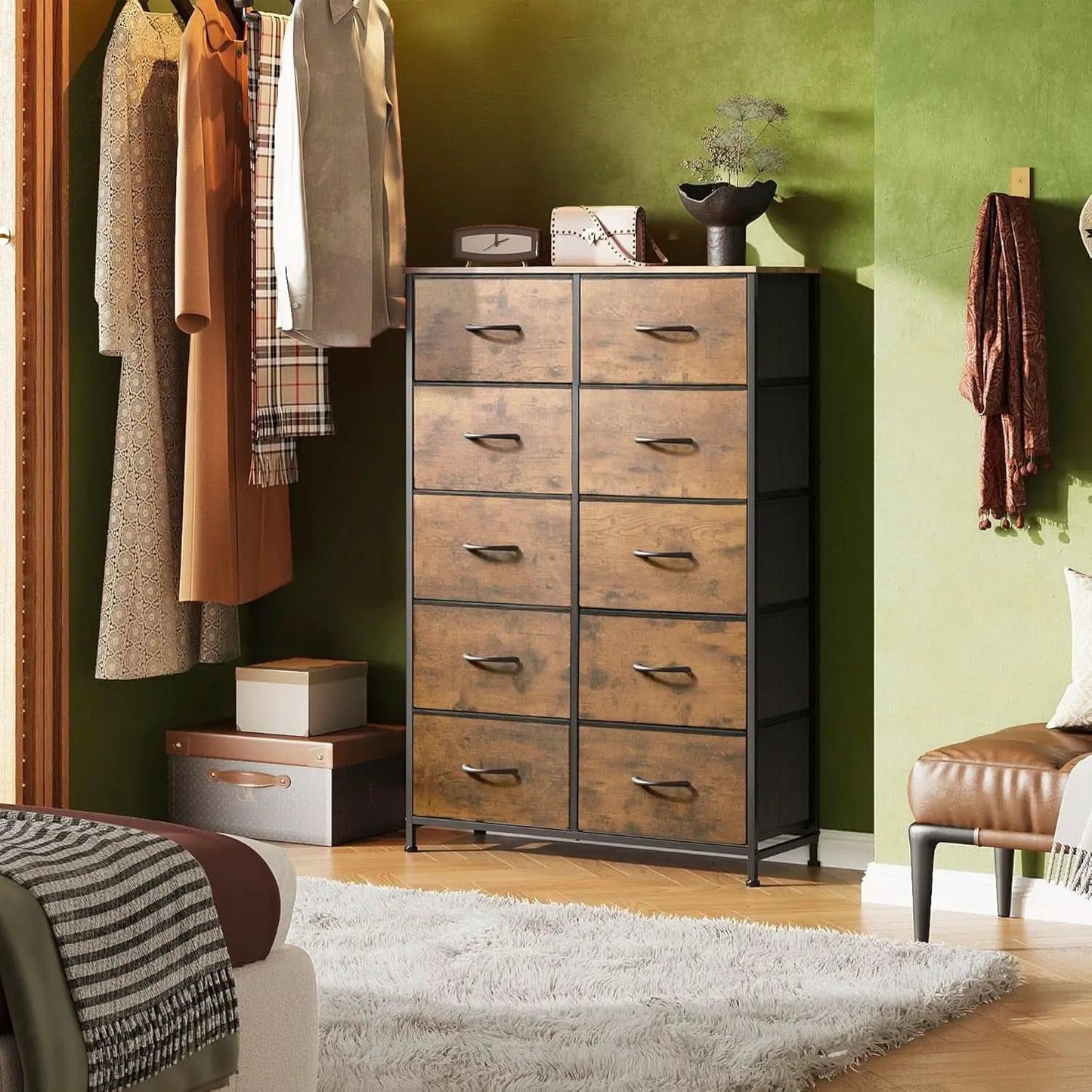 Tall Dresser With 10 Fabric Drawers Brown Woodgrain from PriceLows™