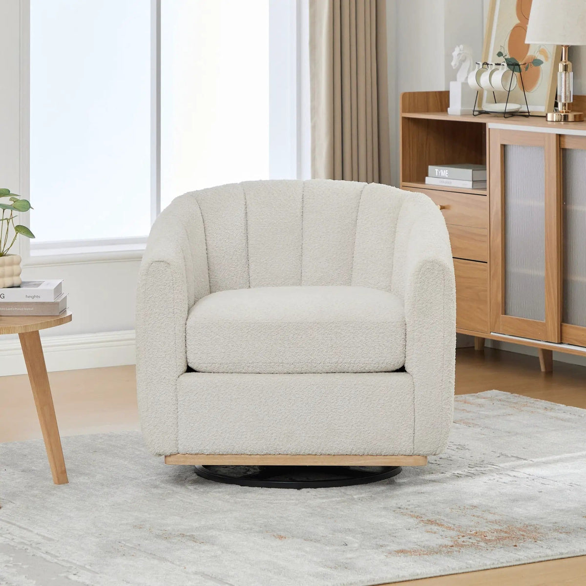 360 Degrees Swivel Upholstered Barrel Armchair For Living Room - | Swivel Chair | Chenille & Fabric | Ivory