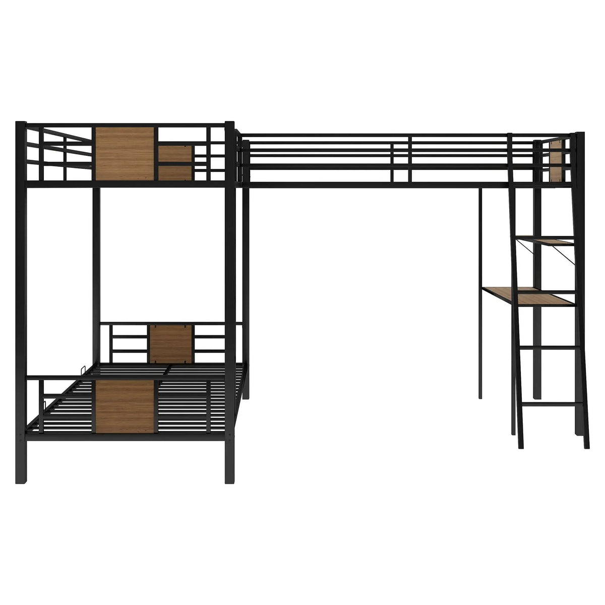 L-Shaped Twin Bunk Bed | Built In Desk | Twin Over Twin | Brown