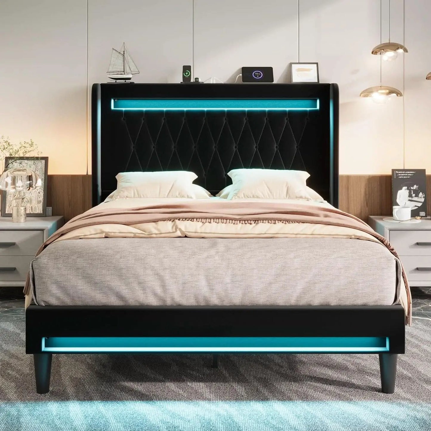 Full Size Bed Frame LED Lighting And USB Charging Black from PriceLows™