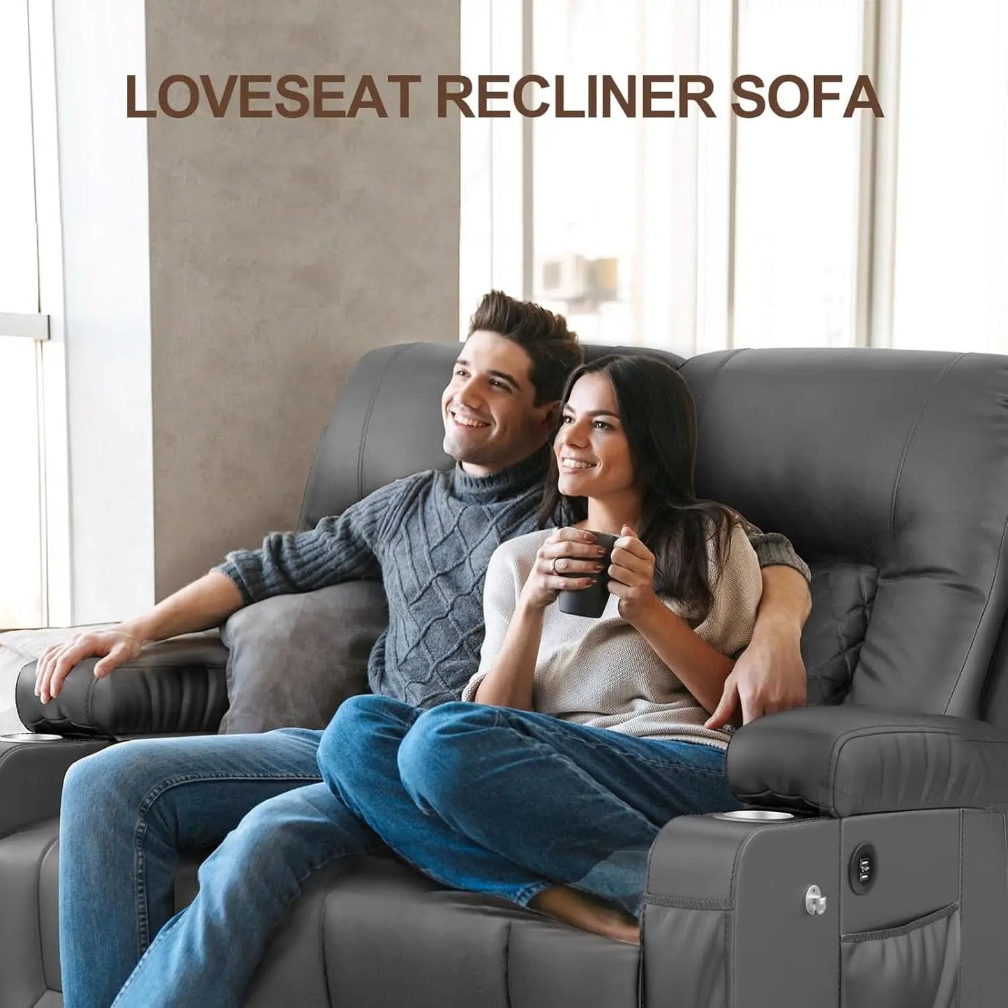 Gray PU Leather Two Seater Recliner Loveseat With USB Ports from PriceLows™