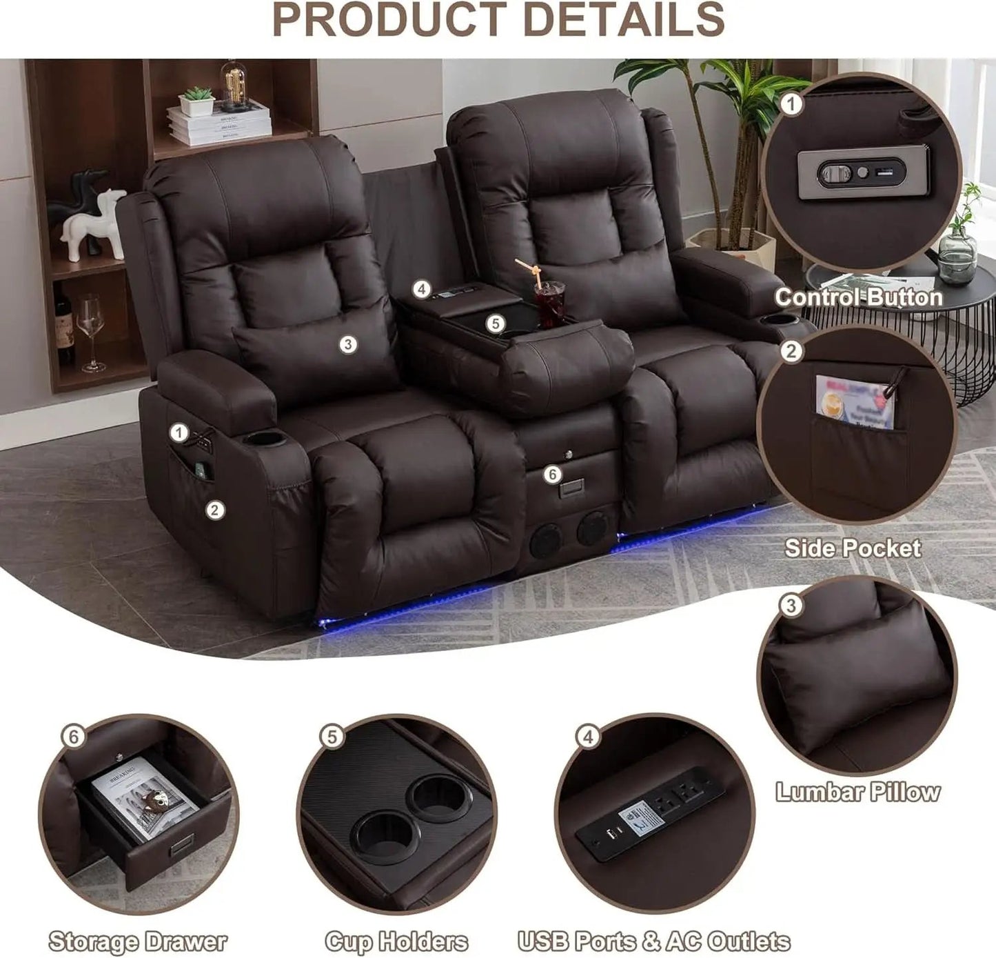 Power Loveseat Recliner Sofa With Massage And Heat Brown from PriceLows™