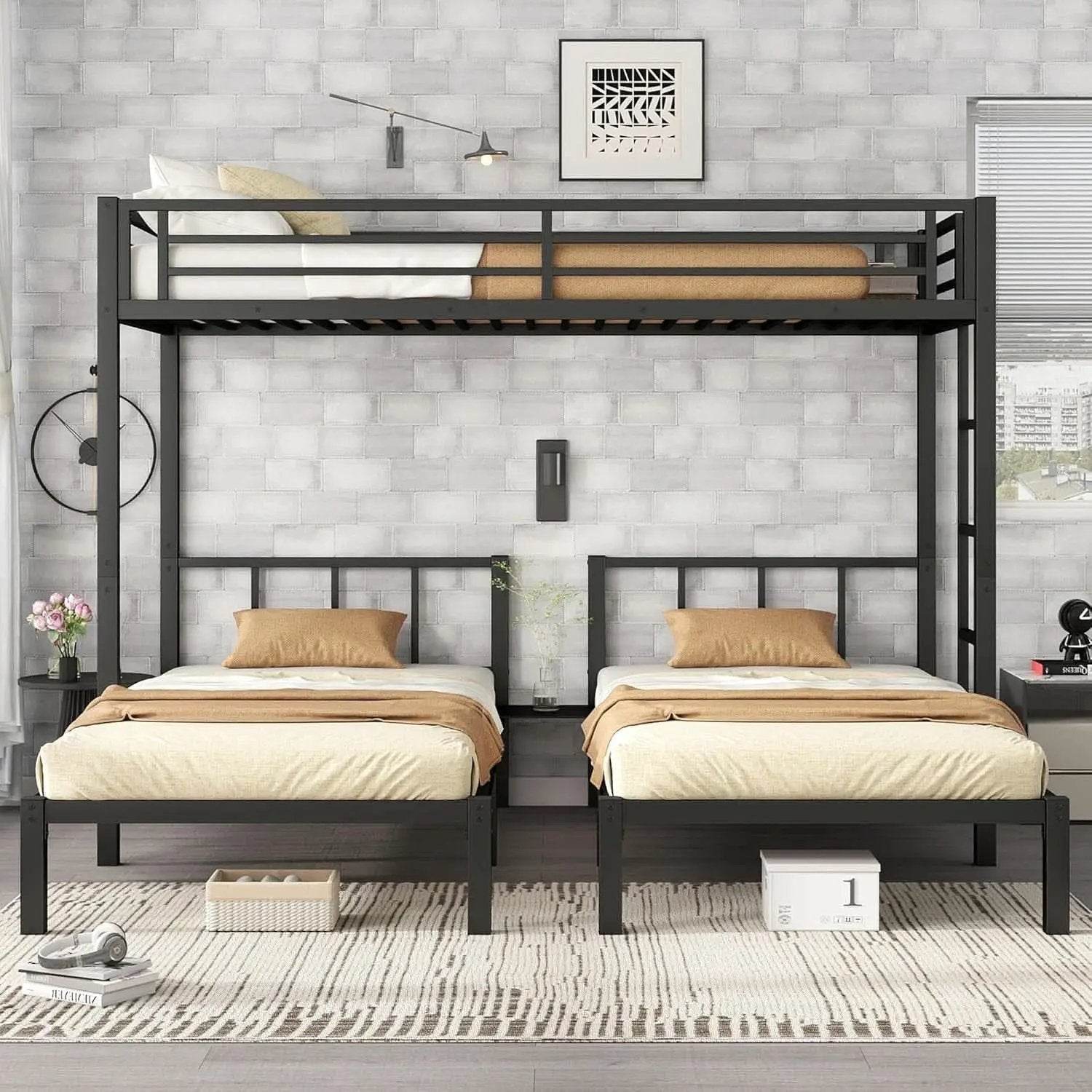 Triple Bunk Bed For Kids Metal Twin Over Twin Black from PriceLows™