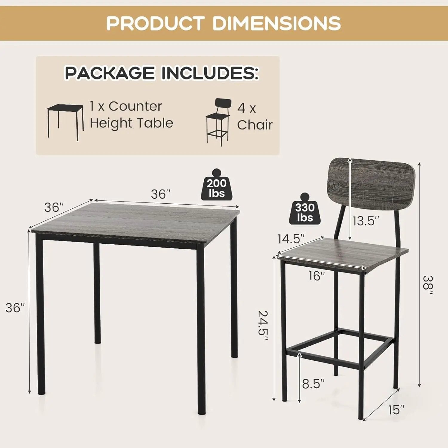 5 Piece Counter Height Dining Table Set Black Oak Stools from PriceLows™