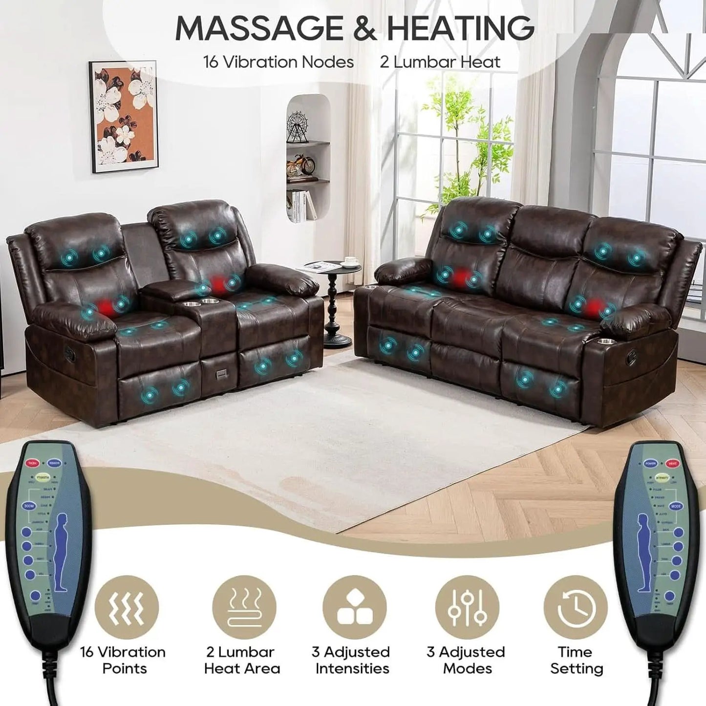 Brown Recliner Sofa Set With Massage And Heat 2 Piece from PriceLows™