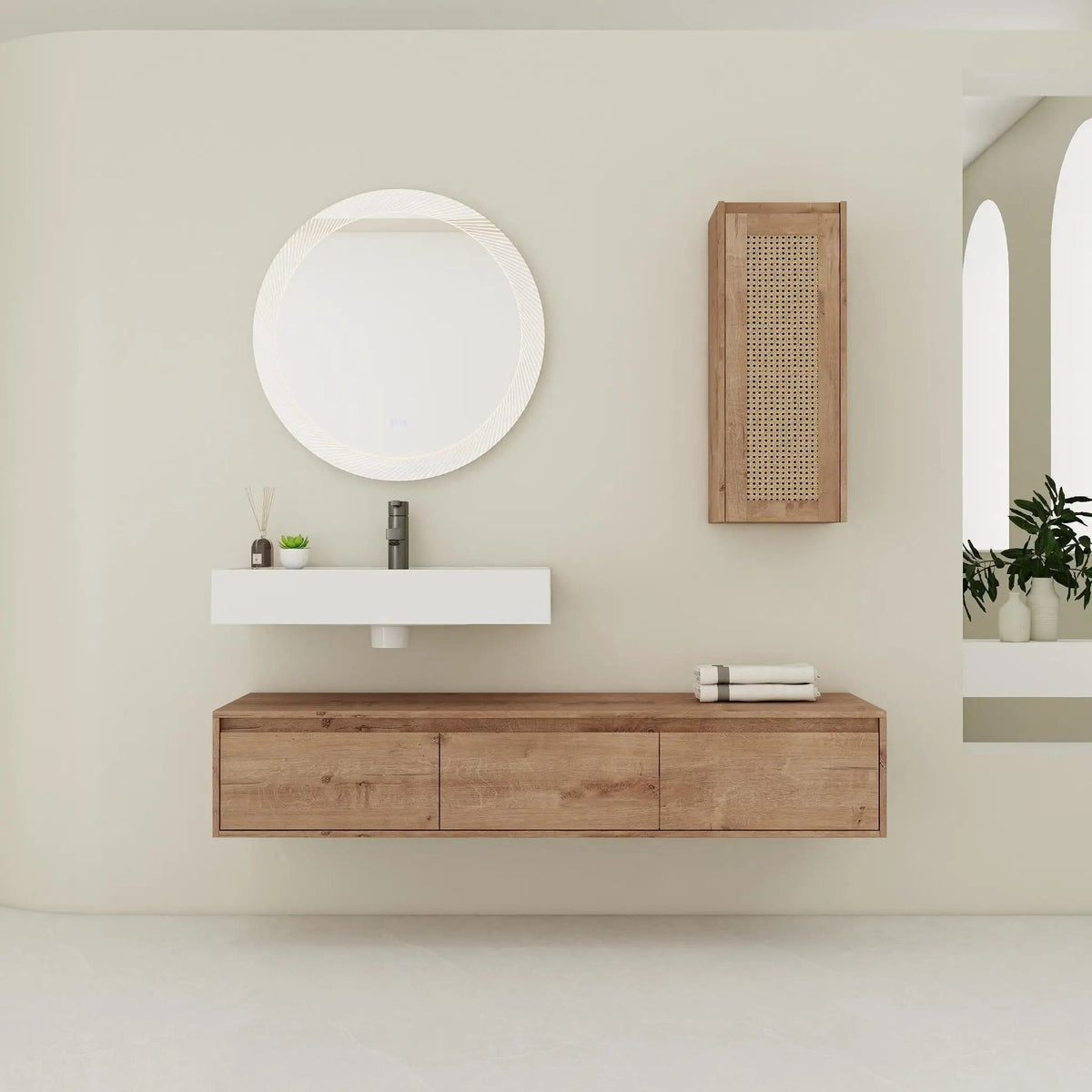 Modern Imitative Wall Mounted Bathroom Vanity With Resin Sink And Side Cabinet | 2 Pieces | Plywood & Resin | Bathroom