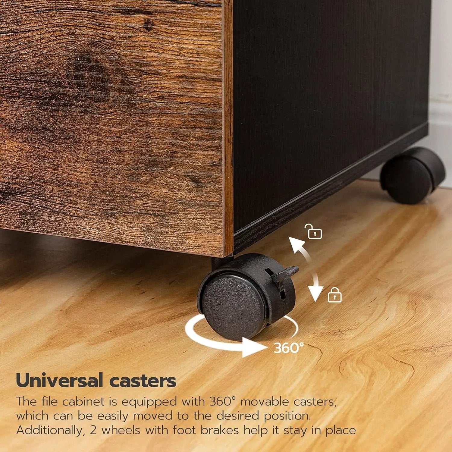 Wooden Three Drawer File Cabinet Under Desk Fits A4 Letter Size Rustic Brown Black Finish With Rolling Storage from PriceLows™