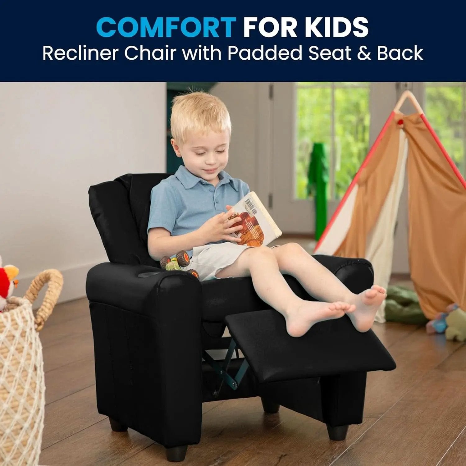 Kids Leathersoft Recliner With Cup Holder And Safety Recline Black from PriceLows™