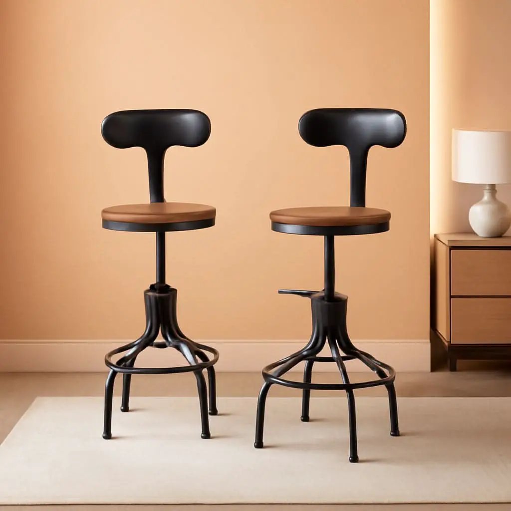 Adjustable Rustic Industrial Bar Stool Brown Seat Set of 2 from PriceLows™