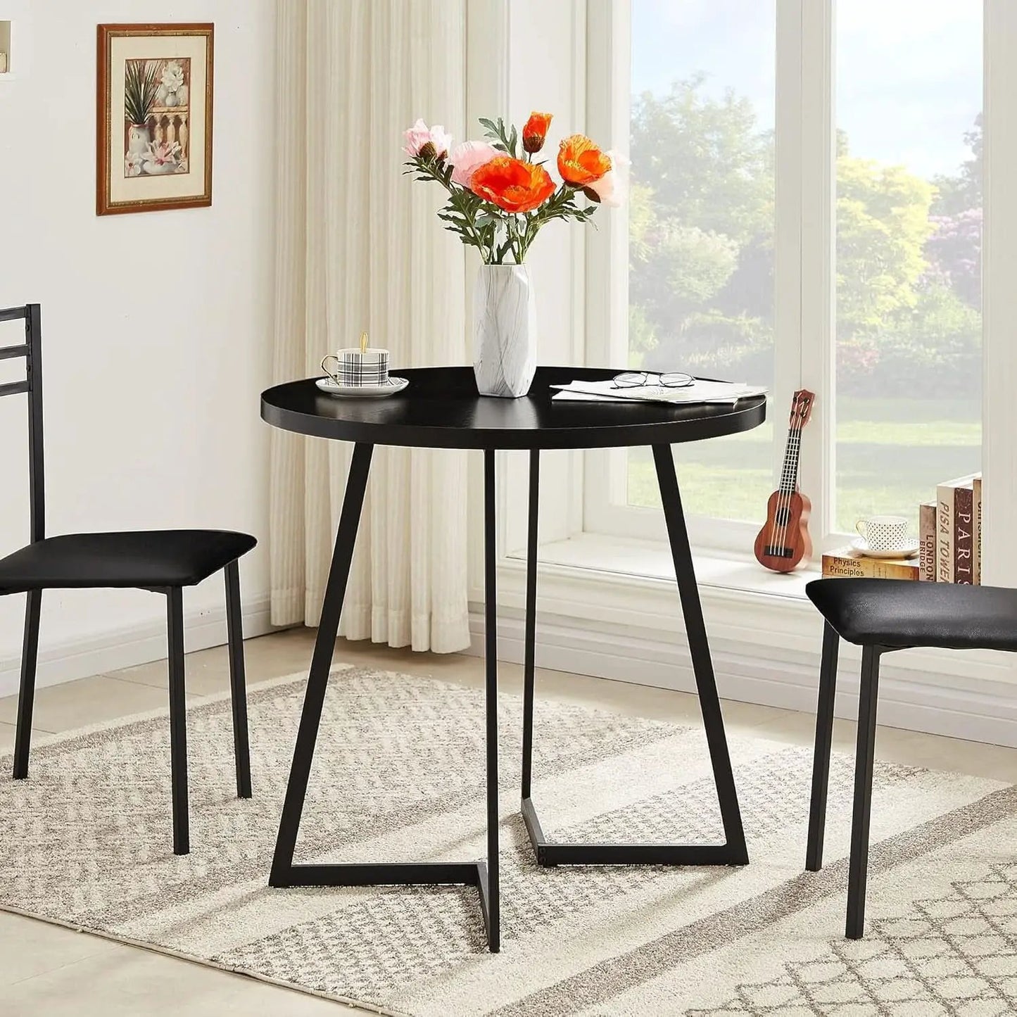 Round Black Woodgrain Top Dining Table With Steel Frame from PriceLows™