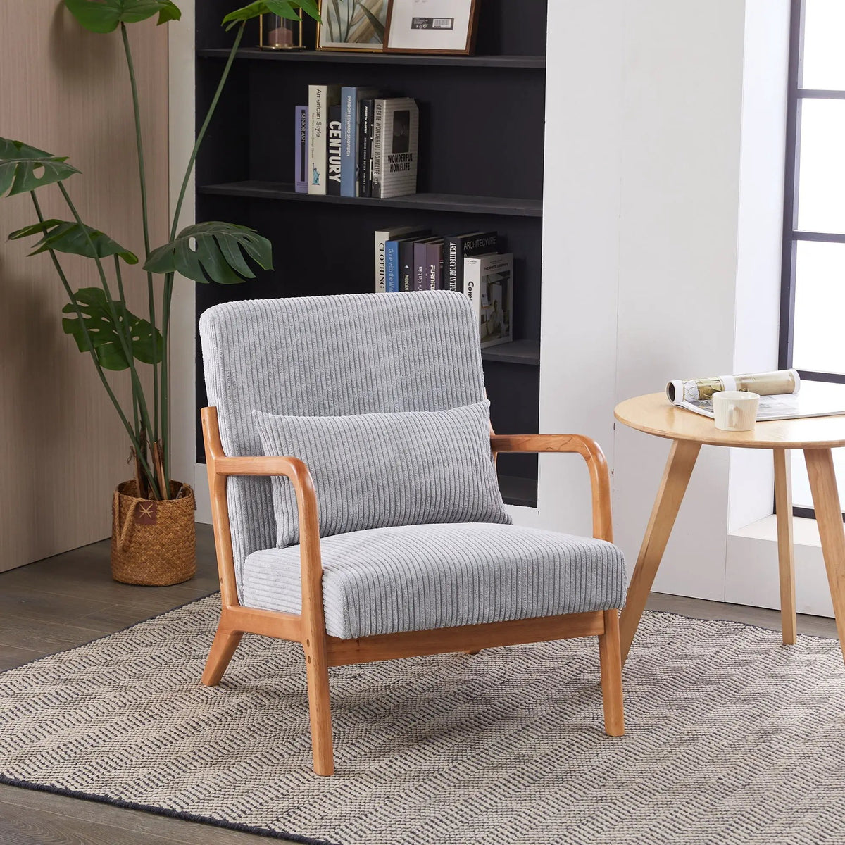 Upholstered Accent Arm Chair | Rubberwood Frame | Removable Pillow | Natural Texture