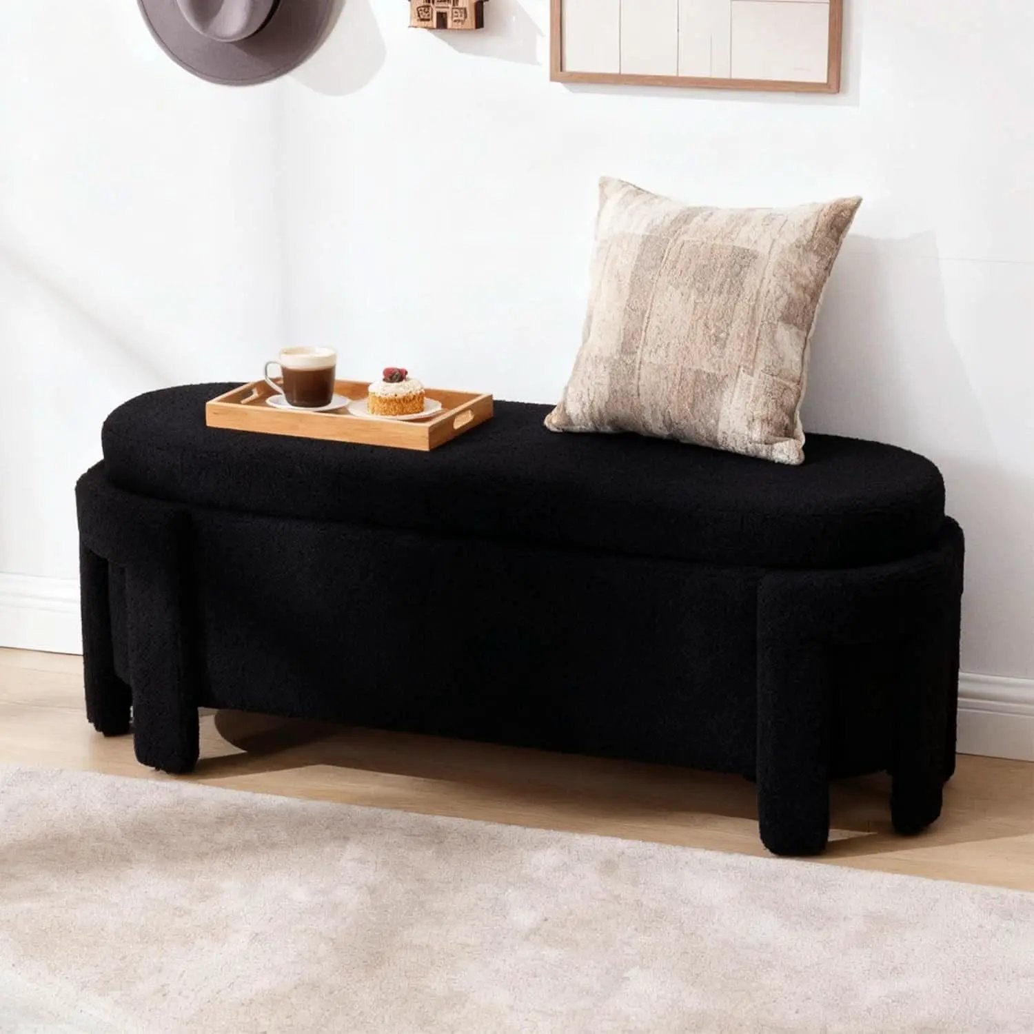 FiftyInch Sherpa Black Upholstered Storage Bench Ottoman from PriceLows™
