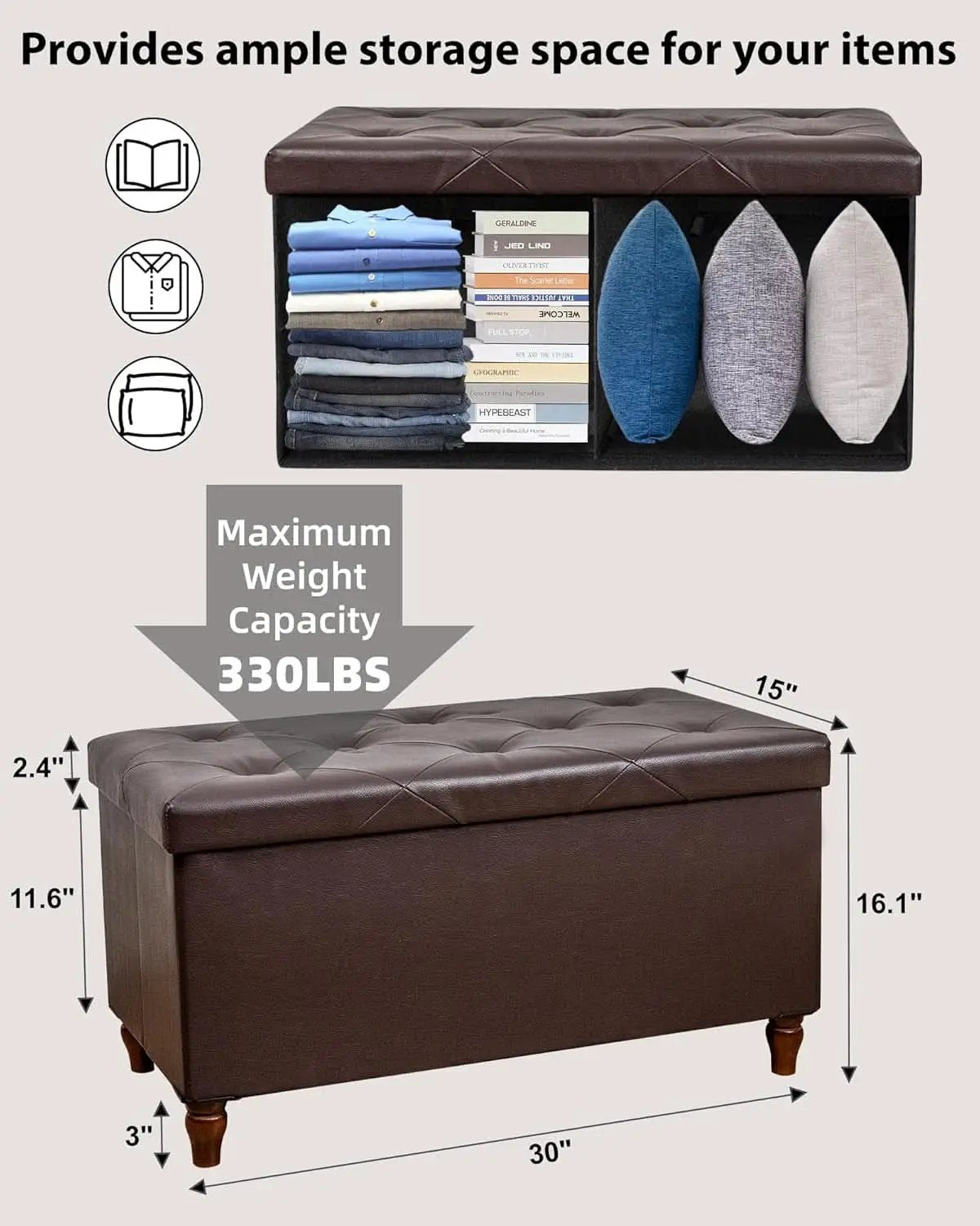 Thirty Inch Durable Storage Ottoman Bench Chest Brown from PriceLows™