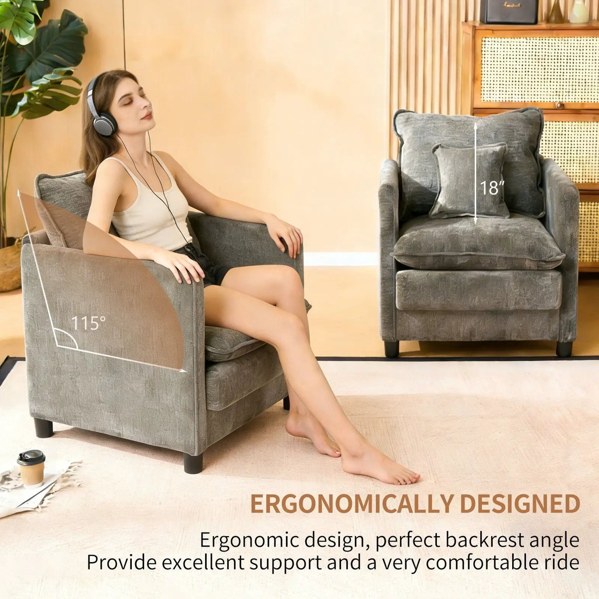 Modern Reading Armchair | Plush Seat Cushion | Padded Backrest