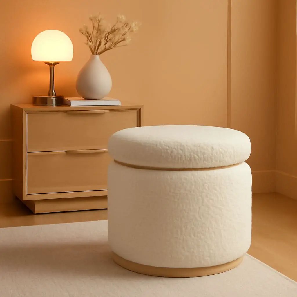Cream Sherpa Deluxe Storage Ottoman Solidwood Base from PriceLows™