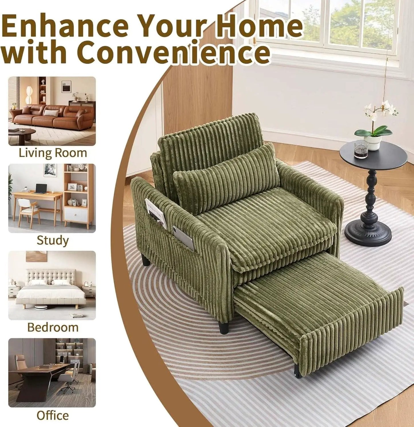 Corduroy Convertible Sofa Bed With Forest Green Fabric from PriceLows™