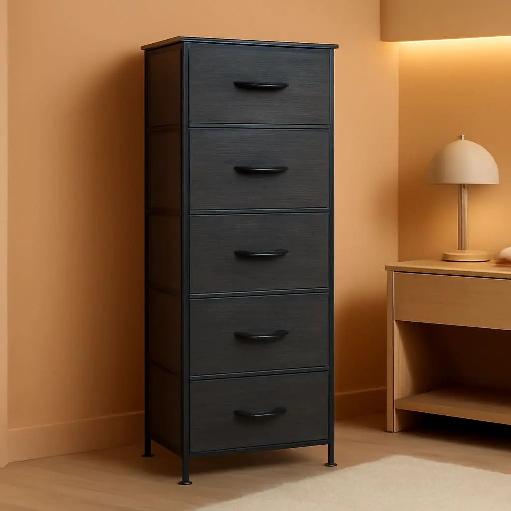 Fabric Dresser 5 Drawer Tall With Wood Top Storage Unit from PriceLows™