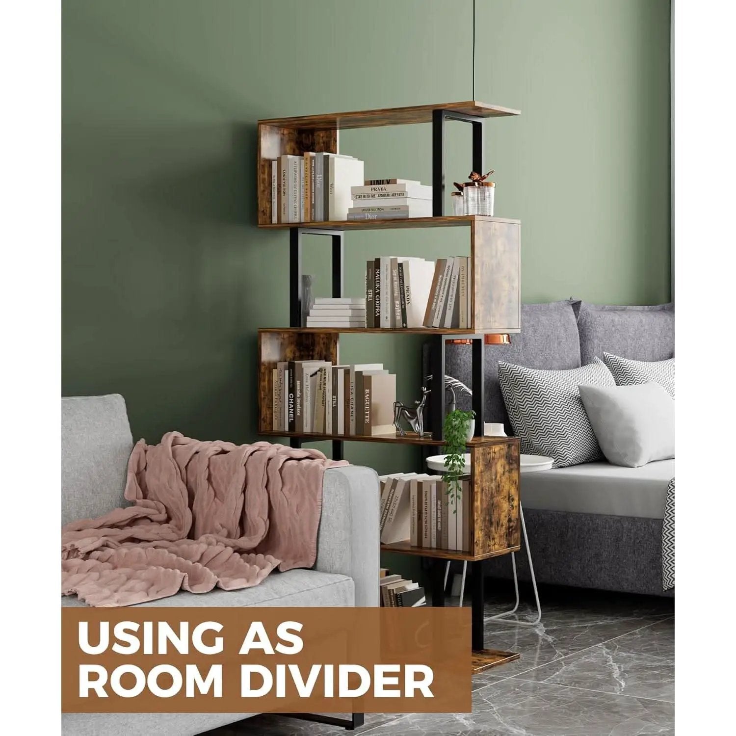 5-Tier S Shaped Bookcase In Rustic Brown Wood Shelving from PriceLows™