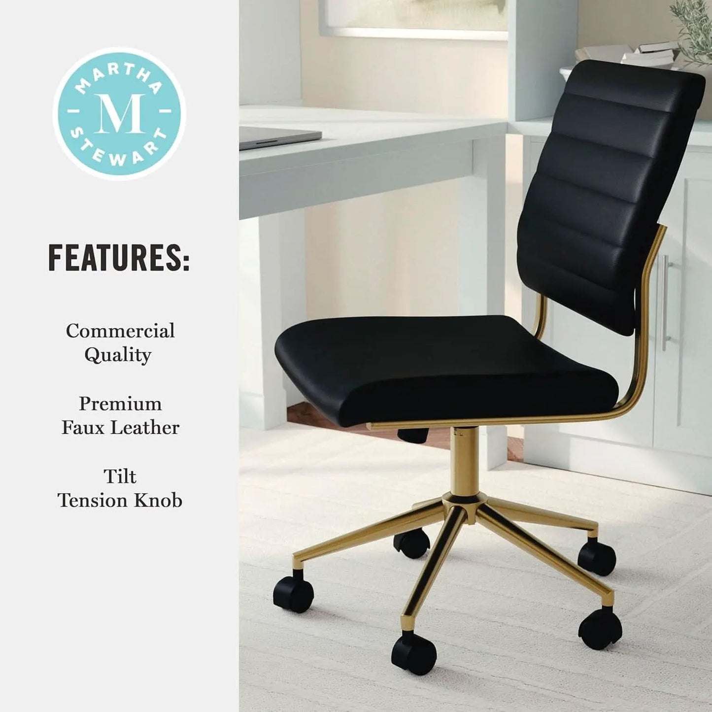 Armless Swivel Task Chair Black Faux Leather Brass Frame from PriceLows™