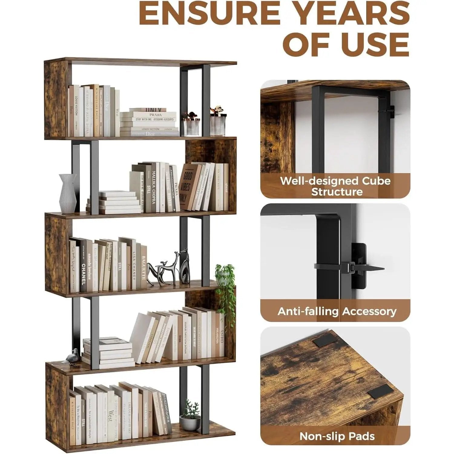 5-Tier S Shaped Bookcase In Rustic Brown Wood Shelving from PriceLows™