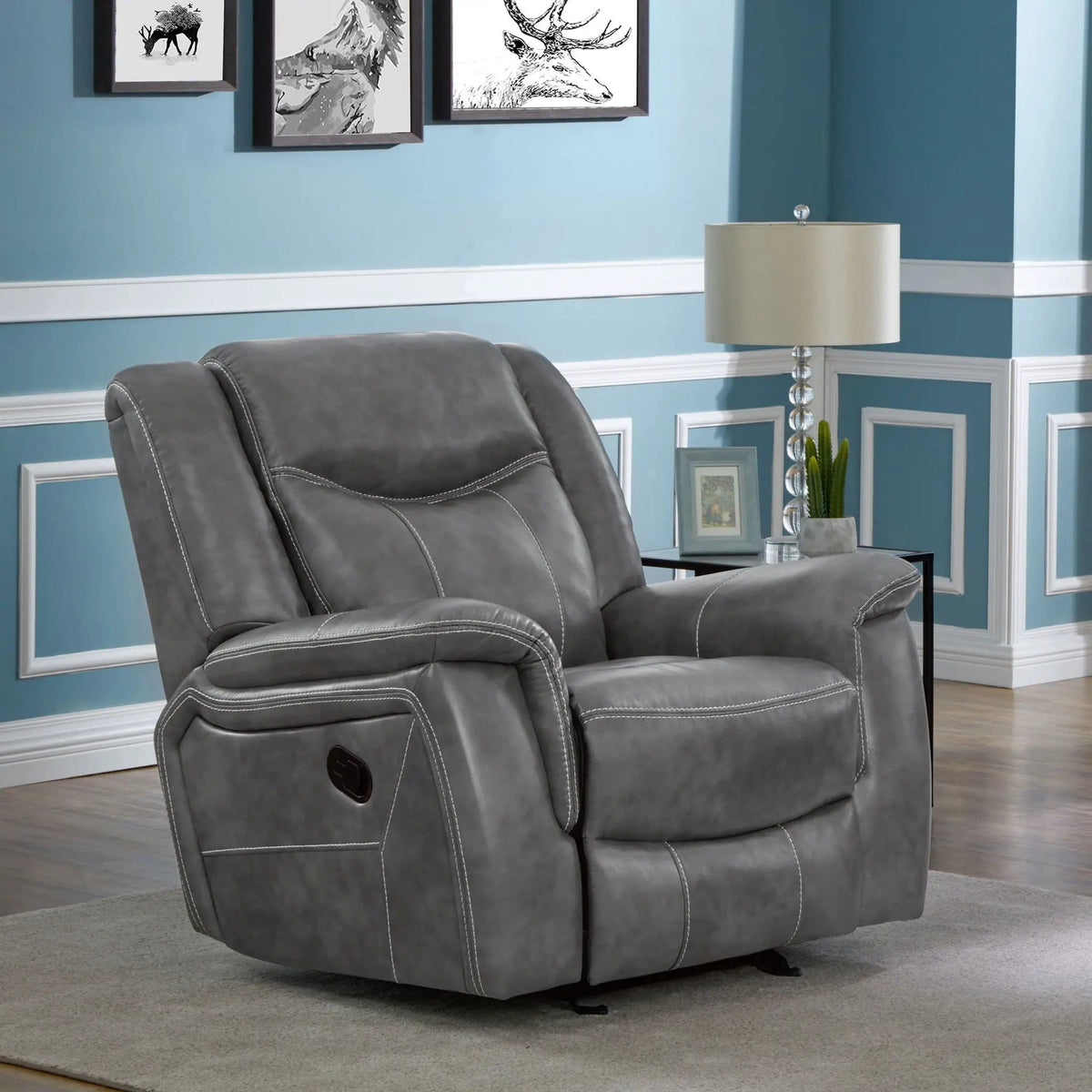 Conrad Upholstered Padded Arm Glider Recliner Reclining Chair | 42 x 41 x 40 in | Faux Leather | Grey