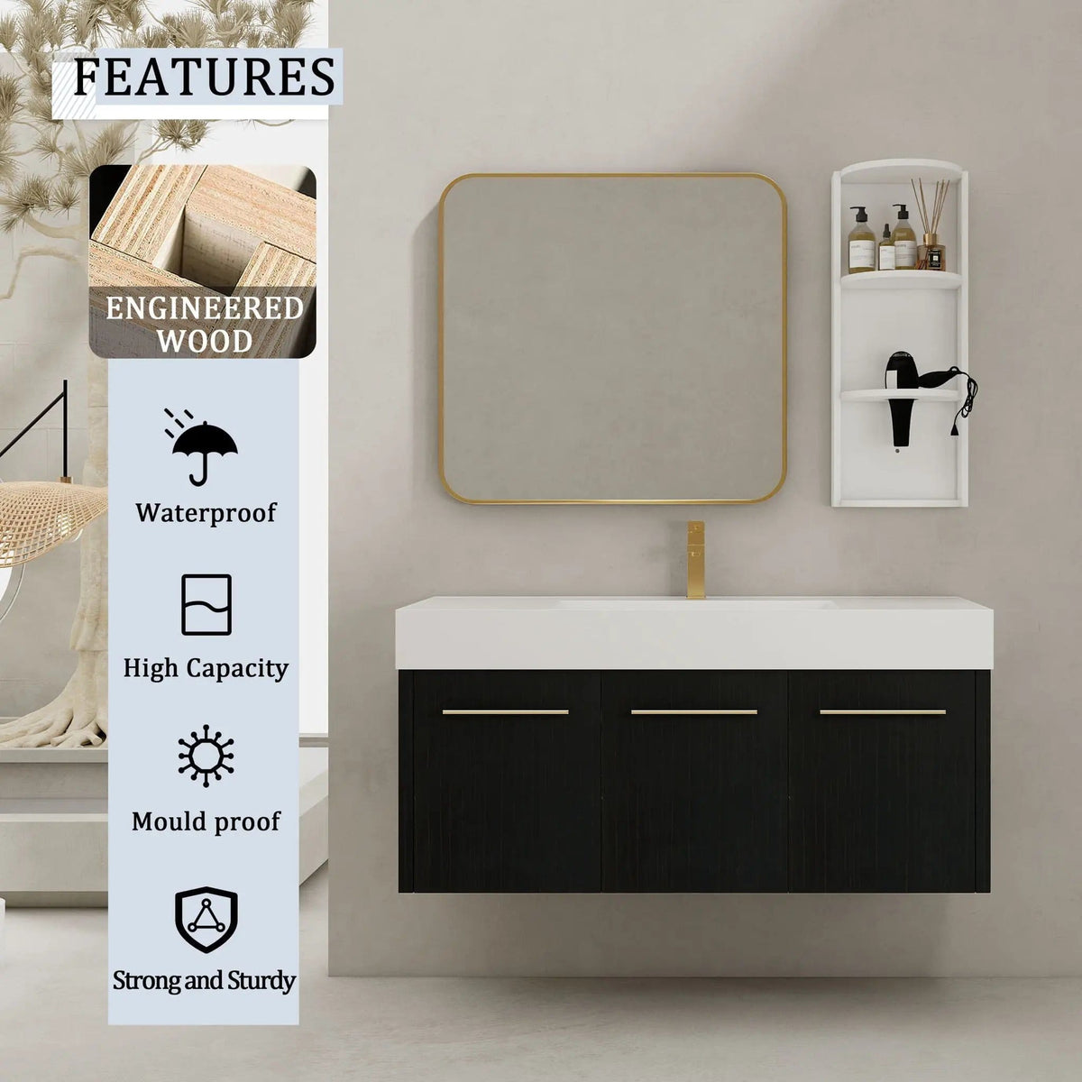 Modern Wall Mounted Bathroom Vanity With Thick Edge Resin Sink And Storage Rack | 3 Pieces | Stainless Steel & Plywood | Bathroom