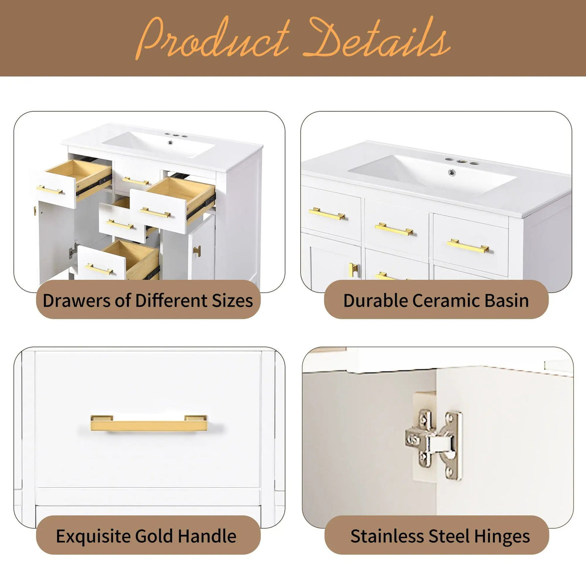 36 Inch Bathroom Vanity | Resin Sink Combo Set | 4 Drawers | Solid Wood Feet