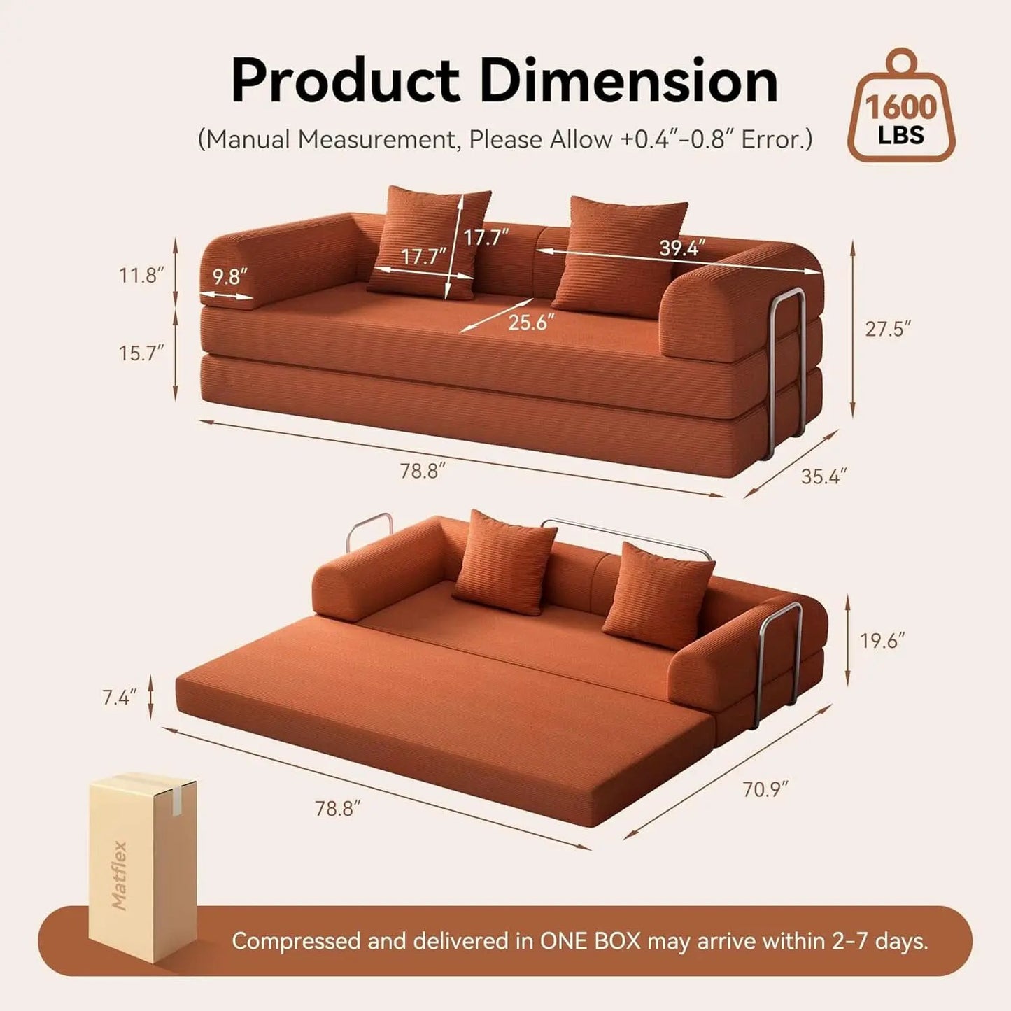 79 Inch Convertible Sofa Bed Orange CorduroyPillows from PriceLows™