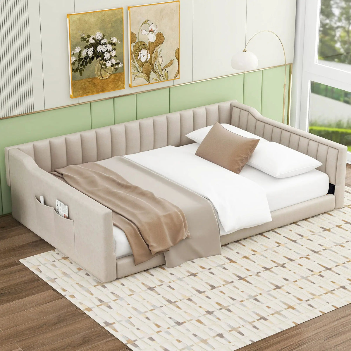 Compact Daybed | Side Storage Pocket | Vertical Stripe Upholstery | 87.8 Inch Length