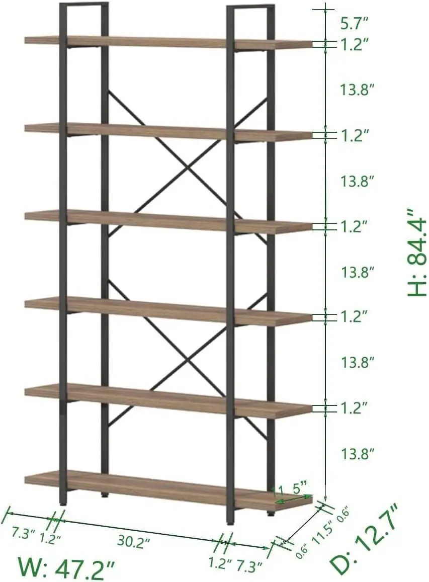 Rustic Oak 6 Tier Tall Bookcase With Metal Frame Industrial from PriceLows™