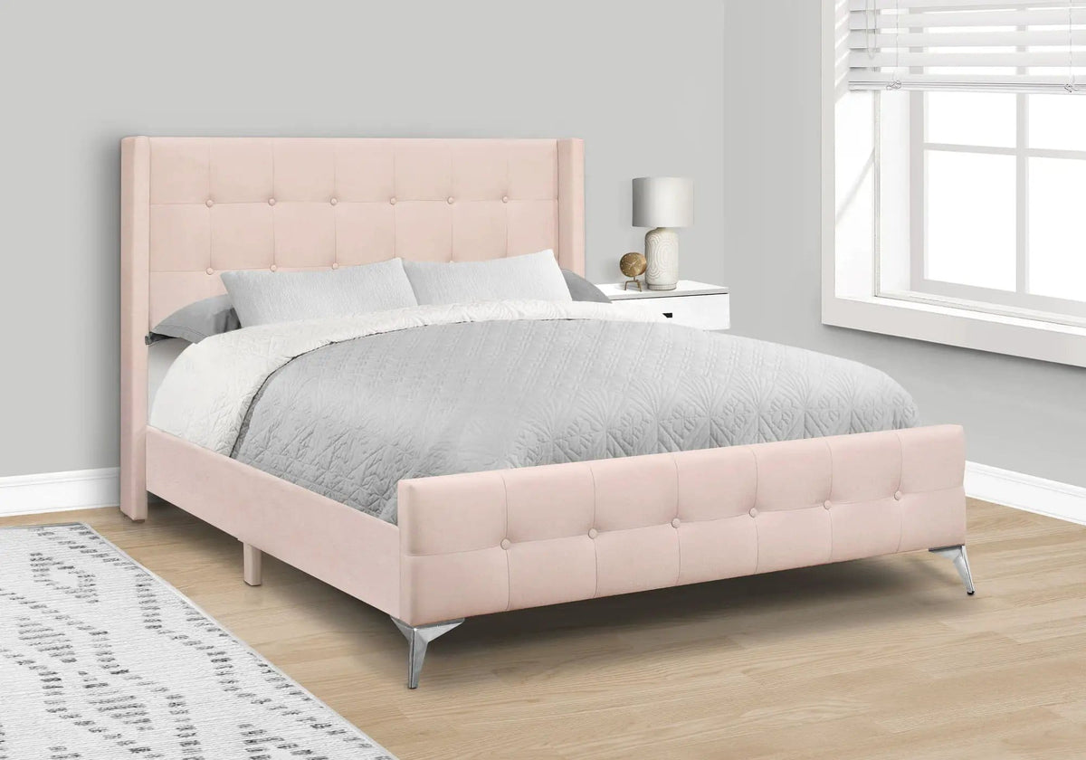 Queen Size Bed Upholstered - | 88 x 66 x 49.5 in | Velvet & Fabric | Pink