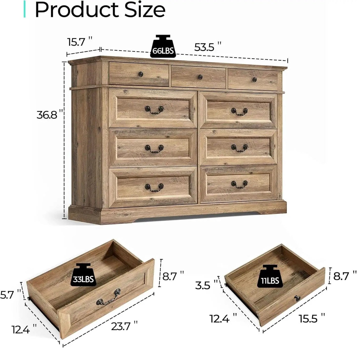 Nine Drawer Dresser Handcrafted Rustic Oakwood Finish from PriceLows™
