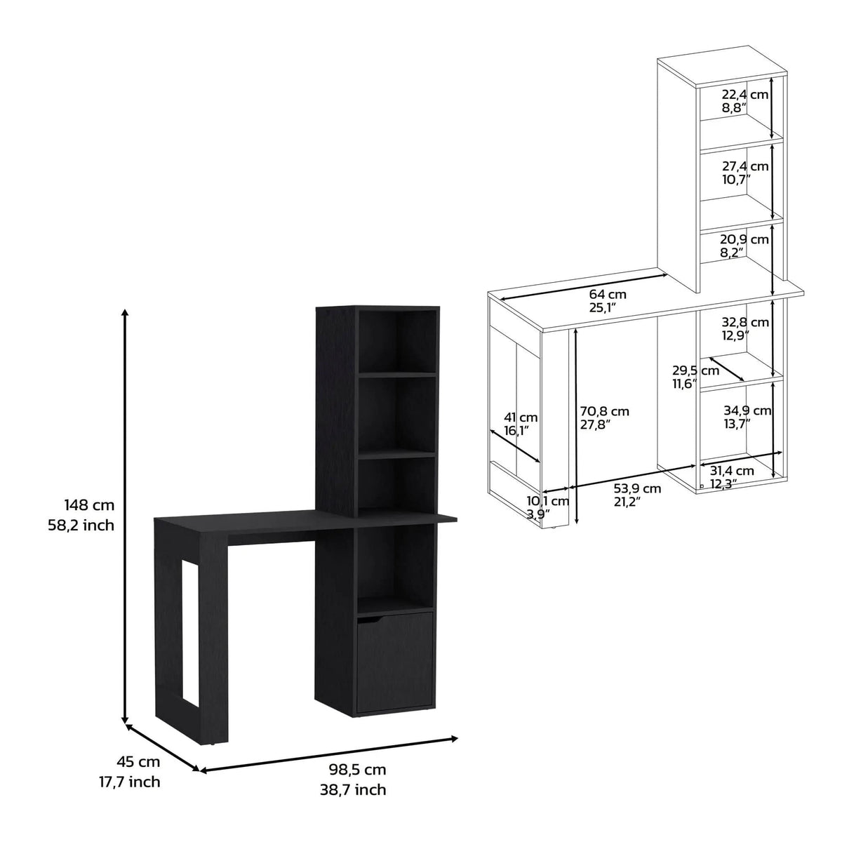 Writing Desk With Bookcase And Cabinet - | 17.8 x 38.8 x 58.3 in | Wood | Black